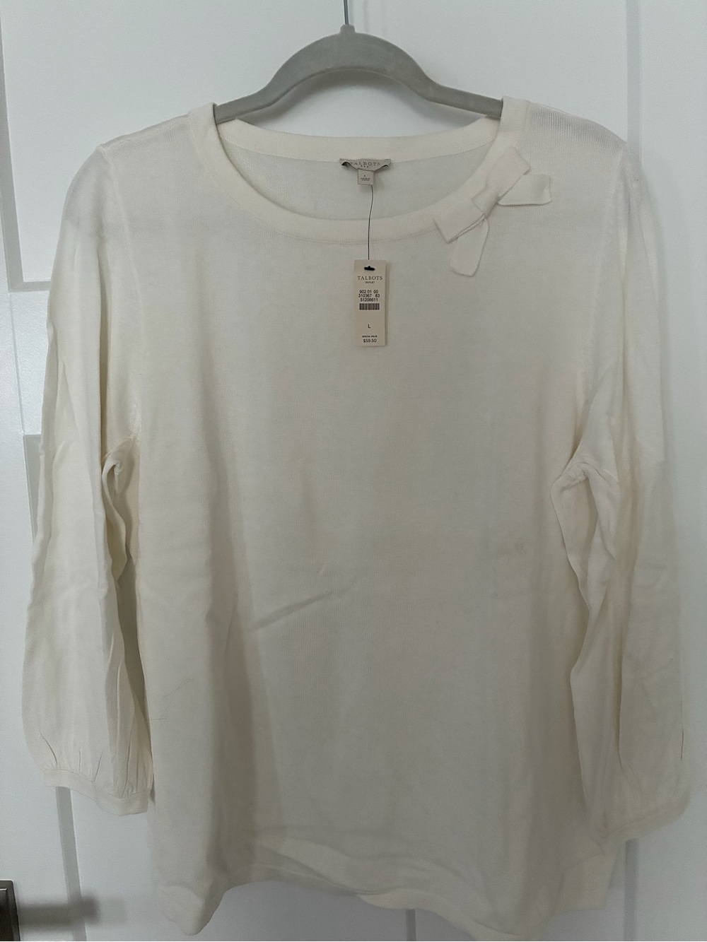 NWT Talbots Soft White Long Sleeve Tee with Shoulder Bow
